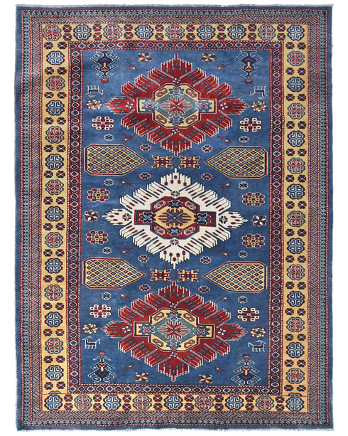 4x6 Blue Shirvan Afghan Hand Knotted Geometric Wool Area Rug